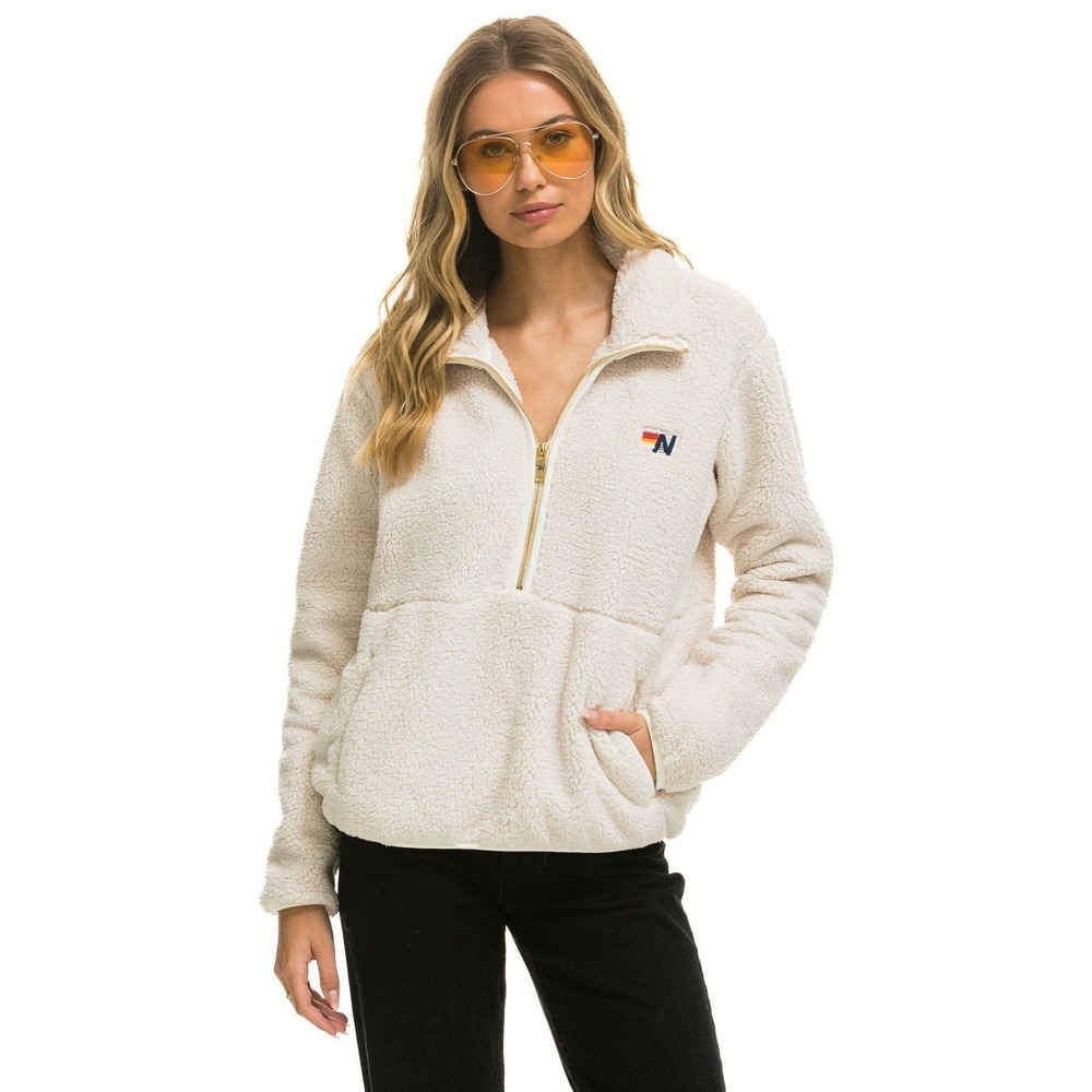 Aviator Nation Vintage White Teddy Sherpa Fleece Half Zip Pullover Unisex
